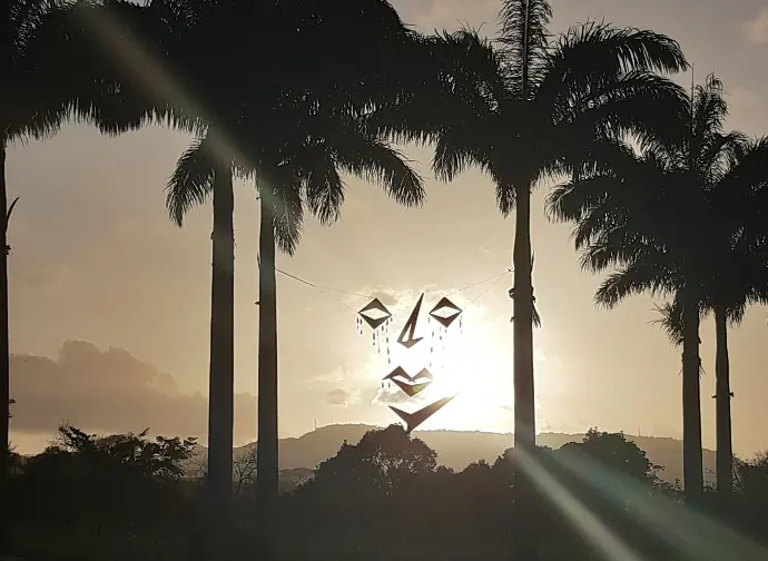 masque suspendu dans les abres,  soleil de dos